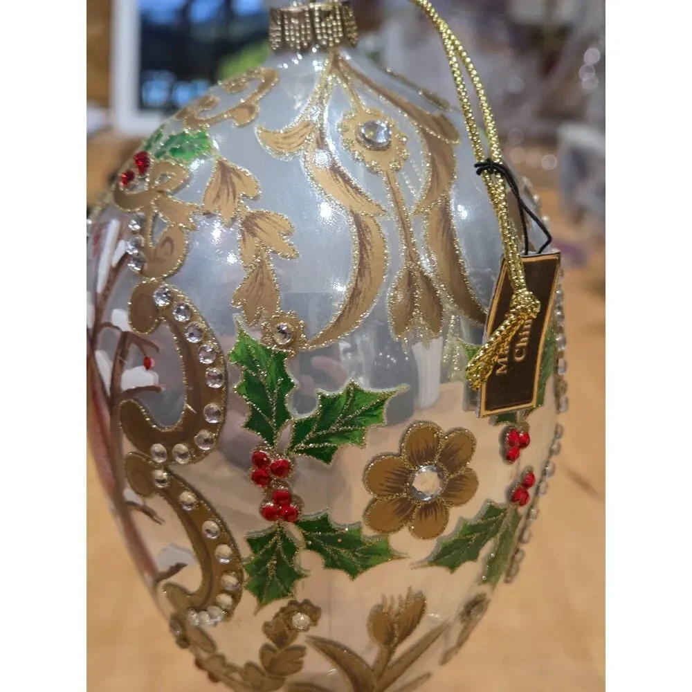 Vintage Glass Egg Christmas Ornament Red Cardinal Holly Jeweled Gold Filigree